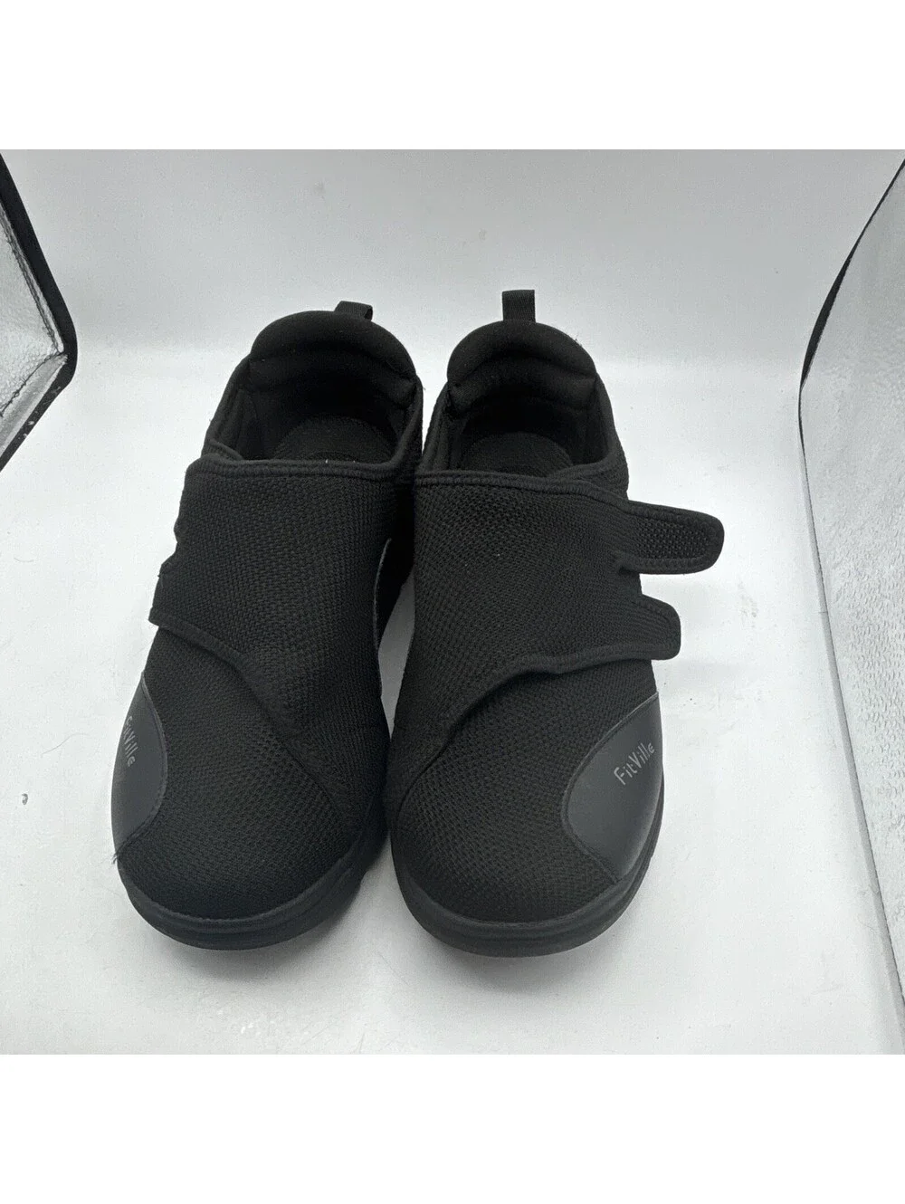 FitVille Mens Black Mesh Hook & Loop Strap Sneaker Wide Lightweight Size 11EEW